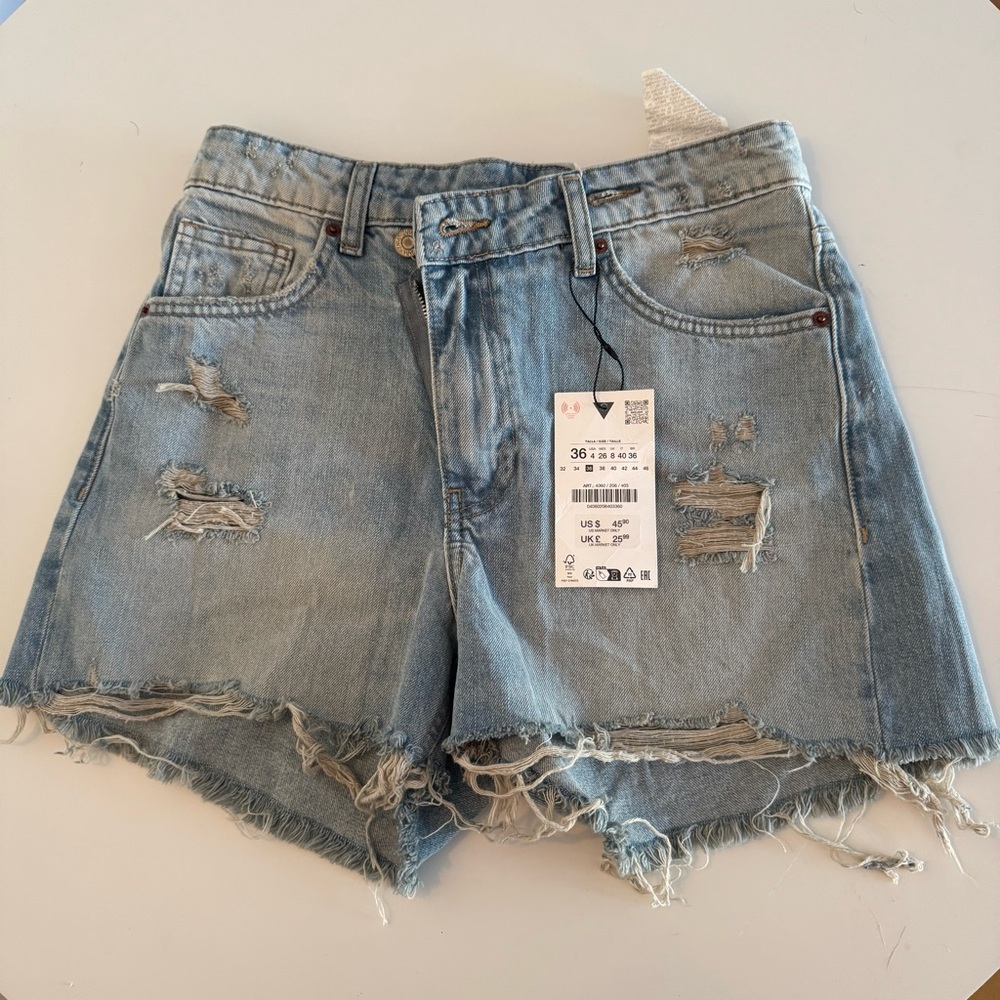Zara Distressed High Rise Cross Waist Mom Shorts